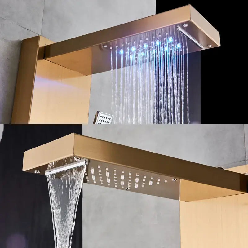 Gold led rain shower column with digital screen massage jets bathroom