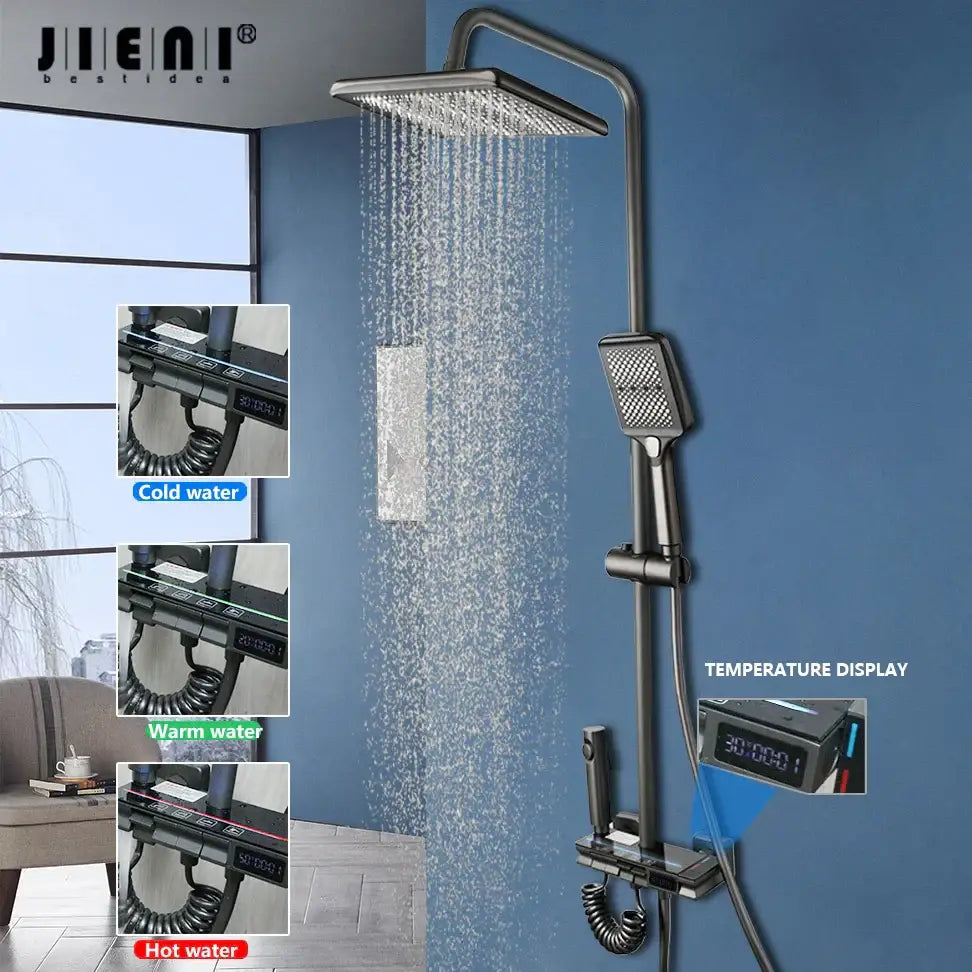 Modern matte black led rain shower set bathroom digital display