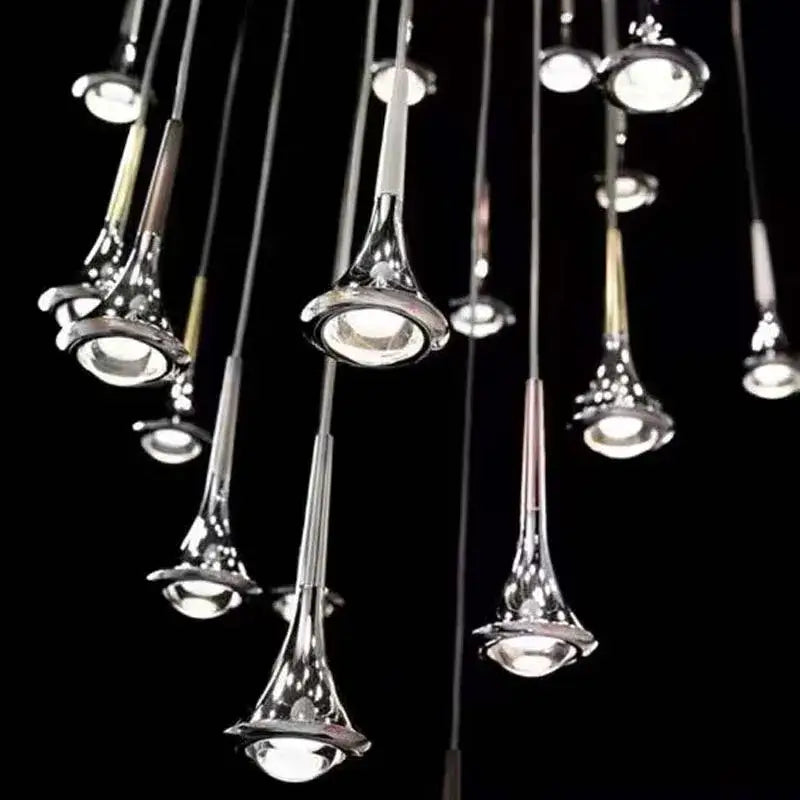 Modern chrome trumpet led rain staircase chandelier for bar island