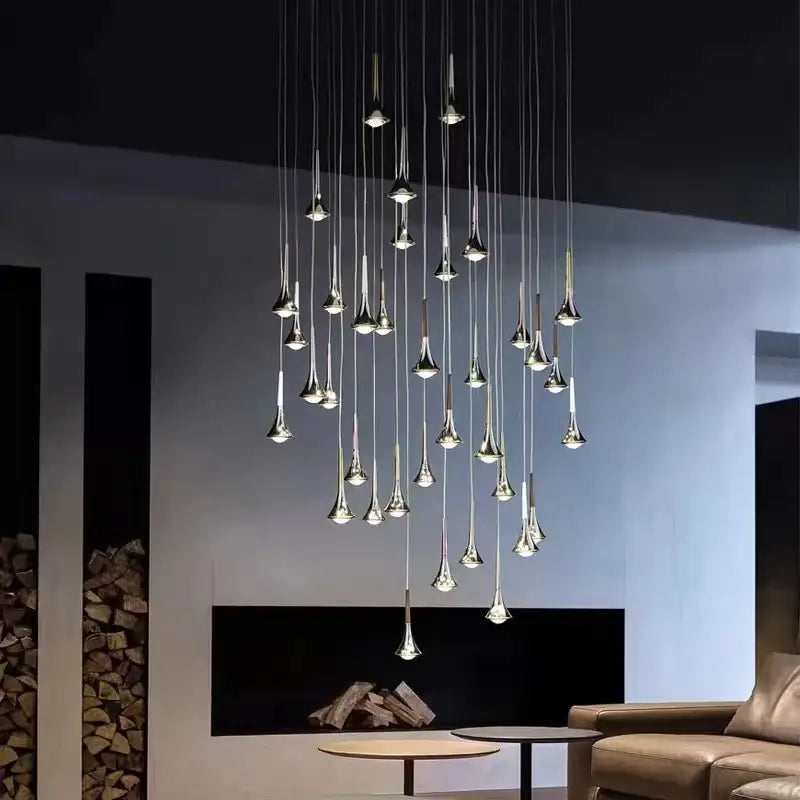Modern chrome trumpet led rain staircase chandelier for bar island