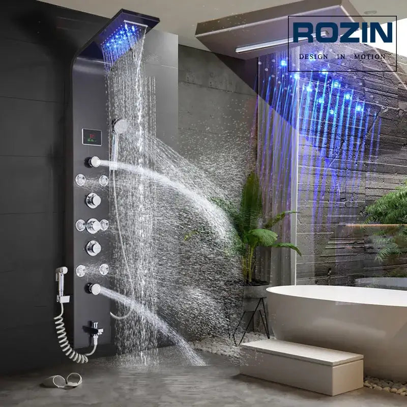 Silver rainfall led shower panel with bidet sprayer for bathroom