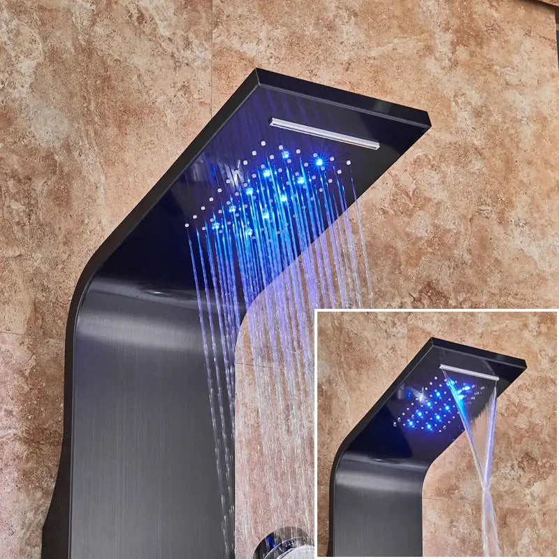 Silver rainfall led shower panel with bidet sprayer for bathroom