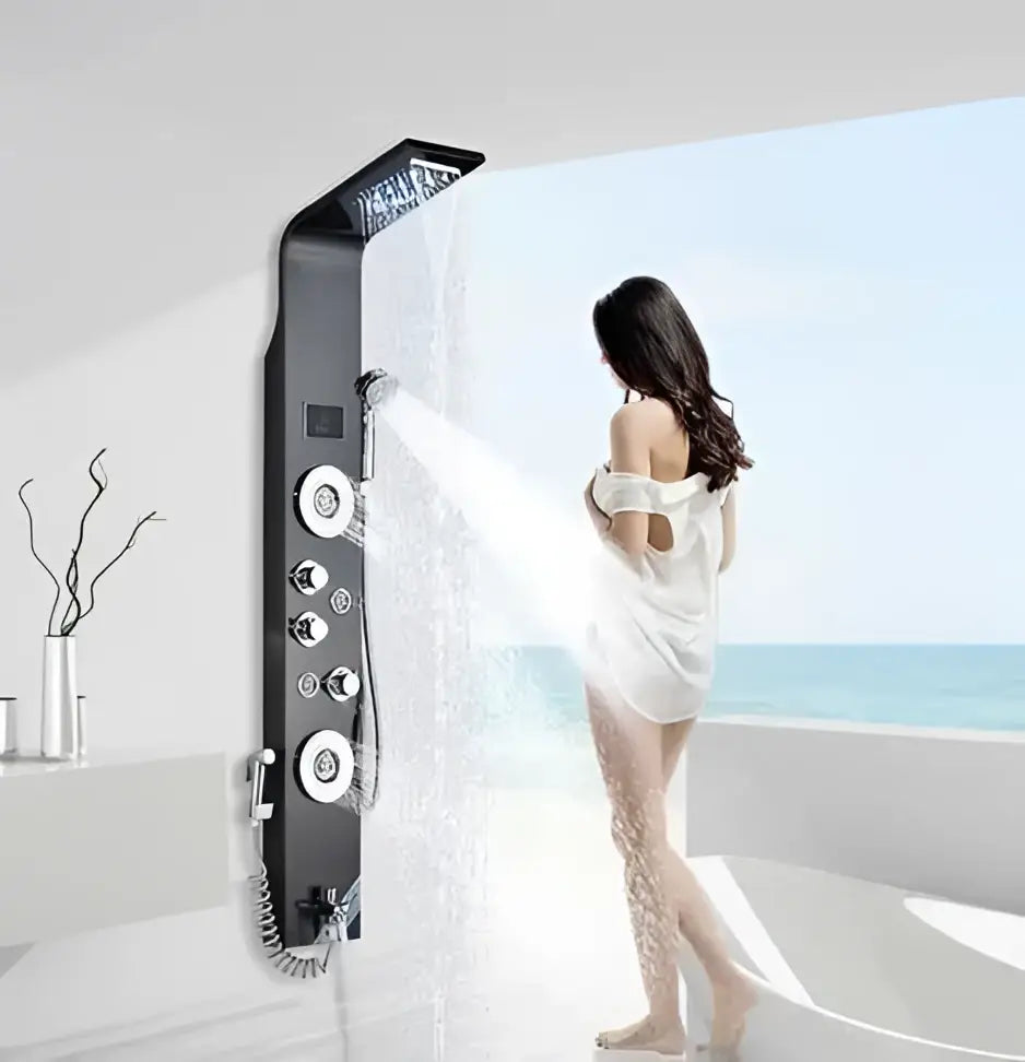 Silver rainfall led shower panel with bidet sprayer for bathroom