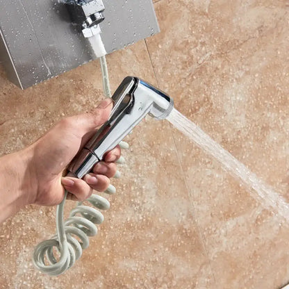 Silver rainfall led shower panel with bidet sprayer for bathroom