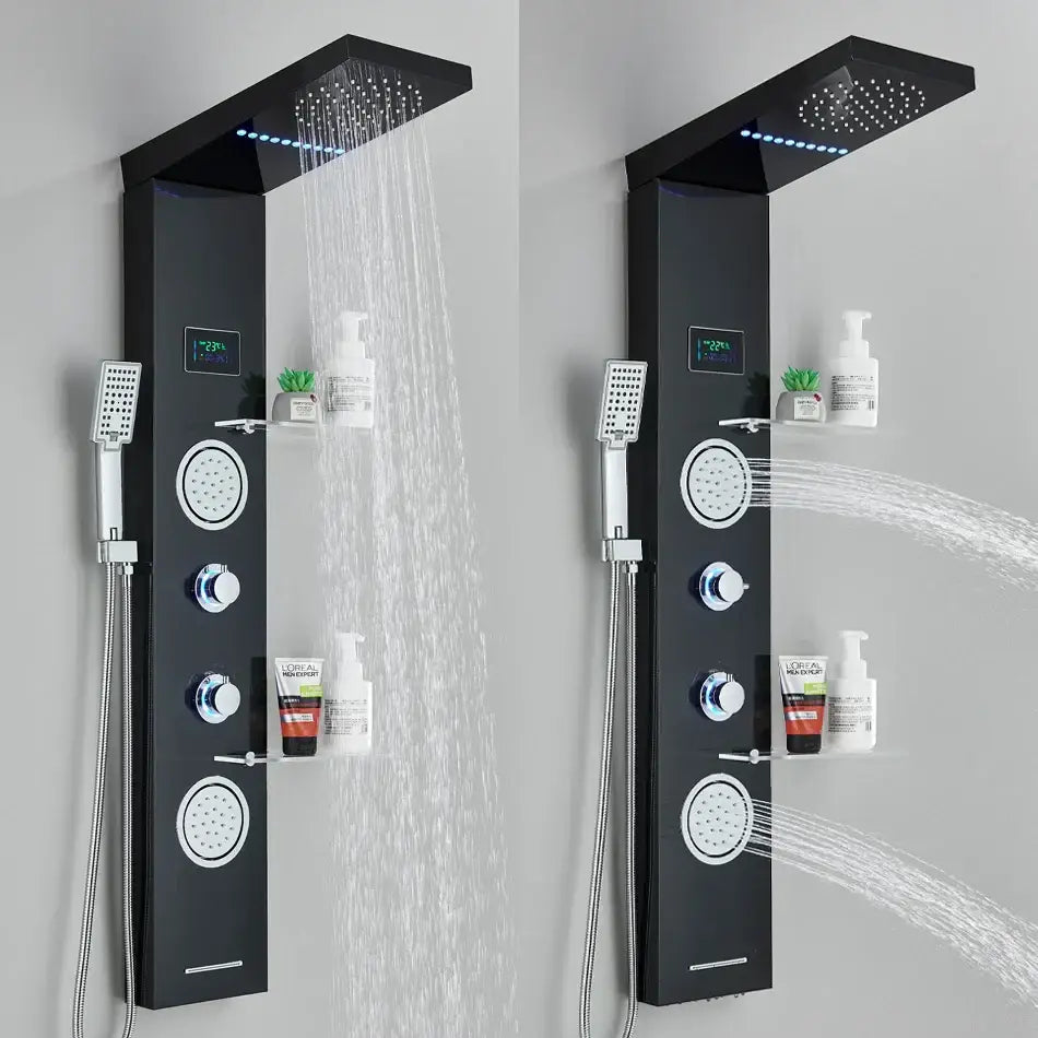 Modern black led rainfall shower panel with temperature screen bathroom
