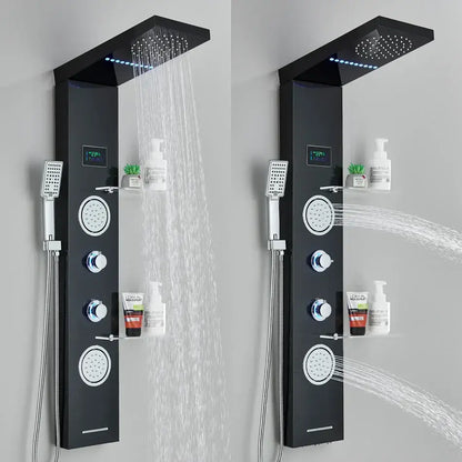 Modern black led rainfall shower panel with temperature screen bathroom