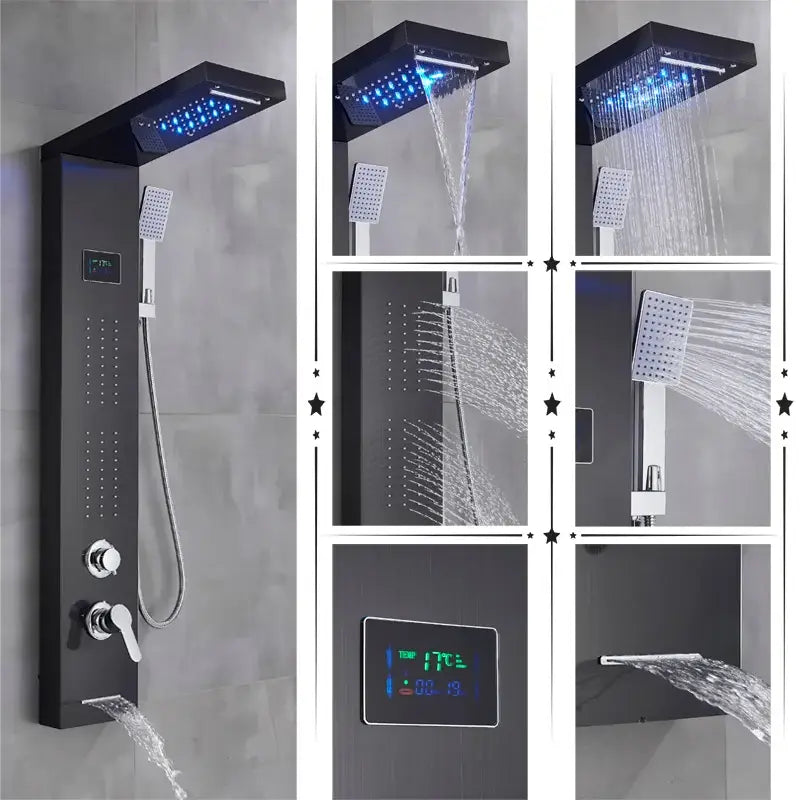 Modern black rainfall shower panel with led screen – bathroom hand spray