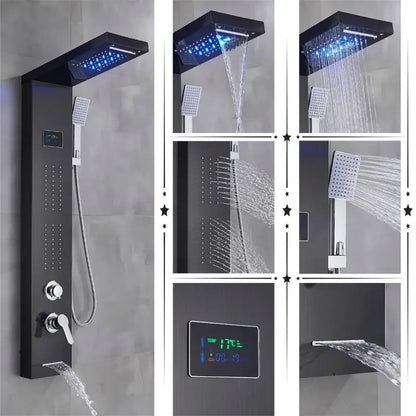 Modern black rainfall shower panel with led screen – bathroom hand spray