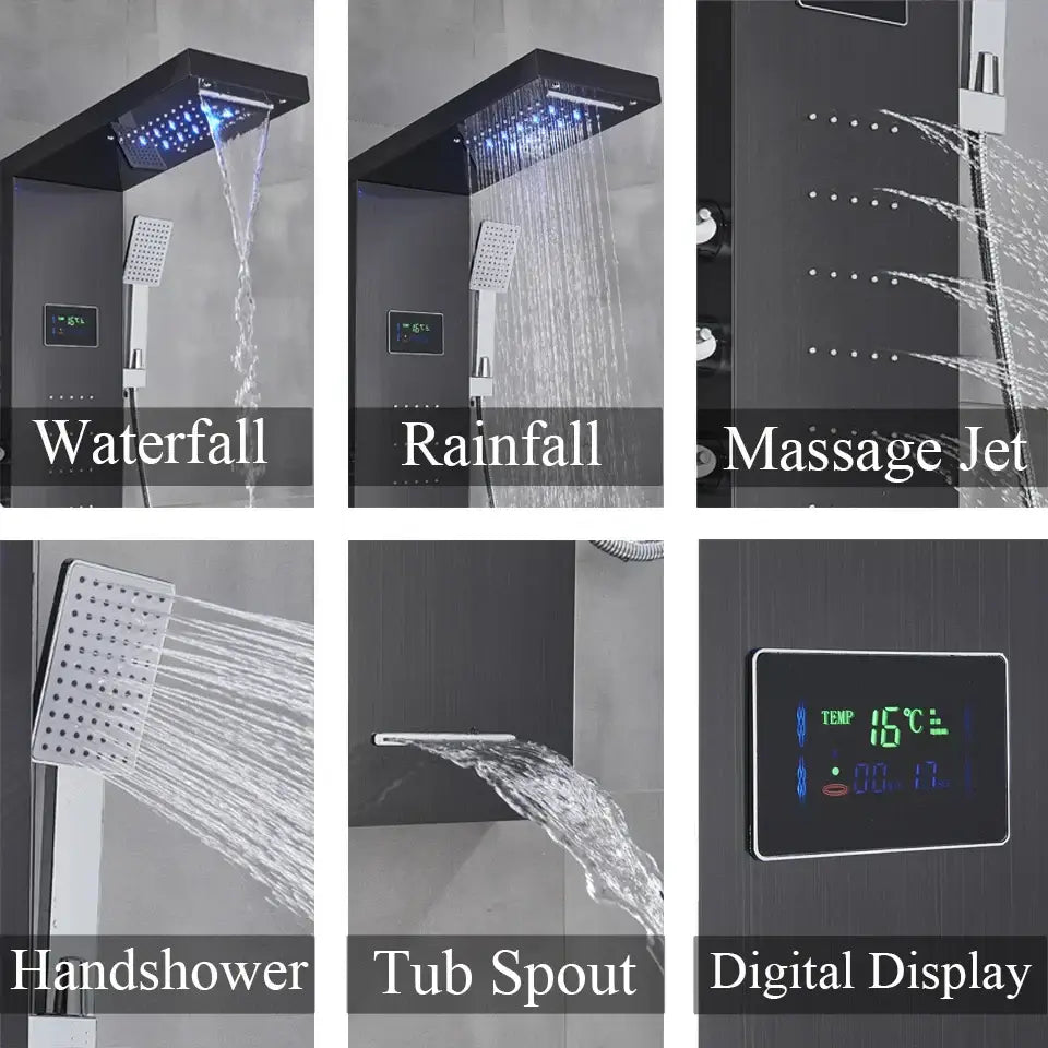Modern black rainfall shower panel with led screen – bathroom hand spray
