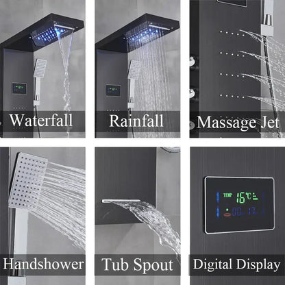 Modern black rainfall shower panel with led screen – bathroom hand spray