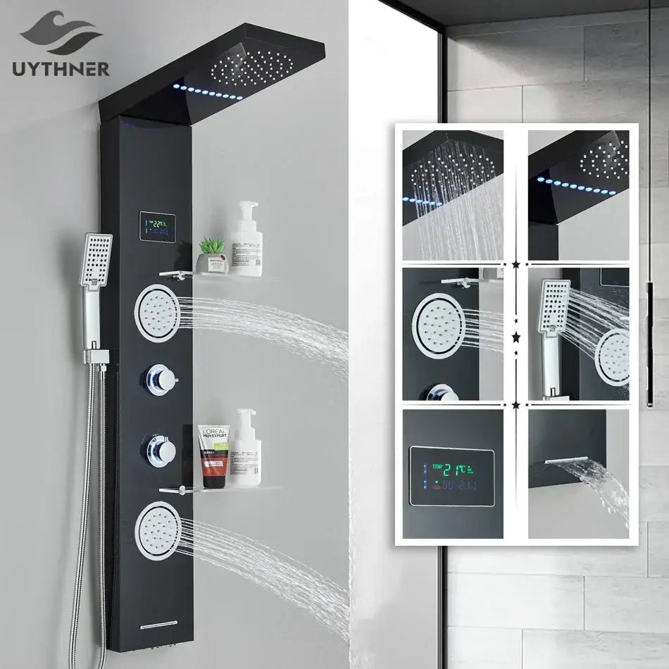 Modern black led rainfall shower panel with temperature screen bathroom
