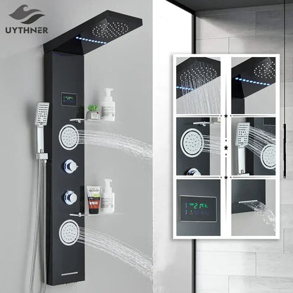 Modern black led rainfall shower panel with temperature screen bathroom