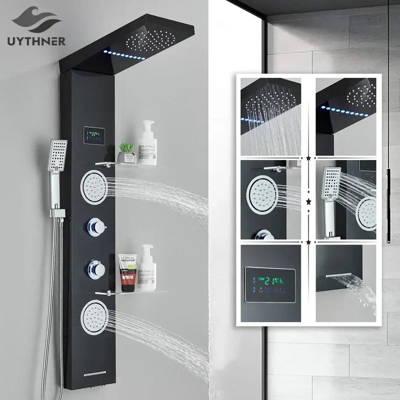 Modern black led rainfall shower panel with temperature screen bathroom