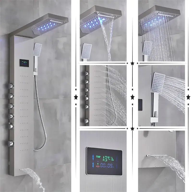 Modern black rainfall shower panel with led screen – bathroom hand spray