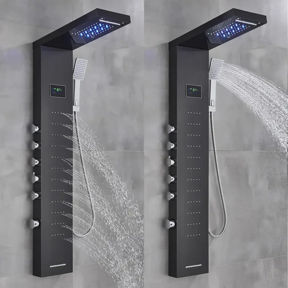 Modern black rainfall shower panel with led screen – bathroom hand spray