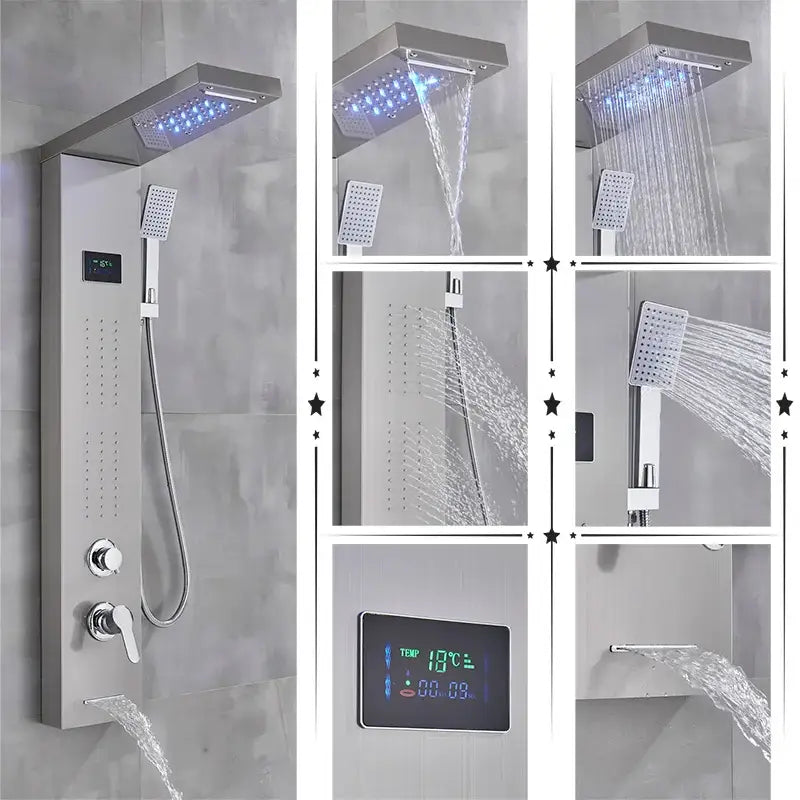 Modern black rainfall shower panel with led screen – bathroom hand spray