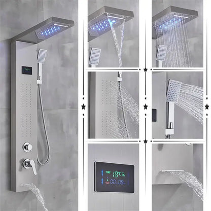 Modern black rainfall shower panel with led screen – bathroom hand spray