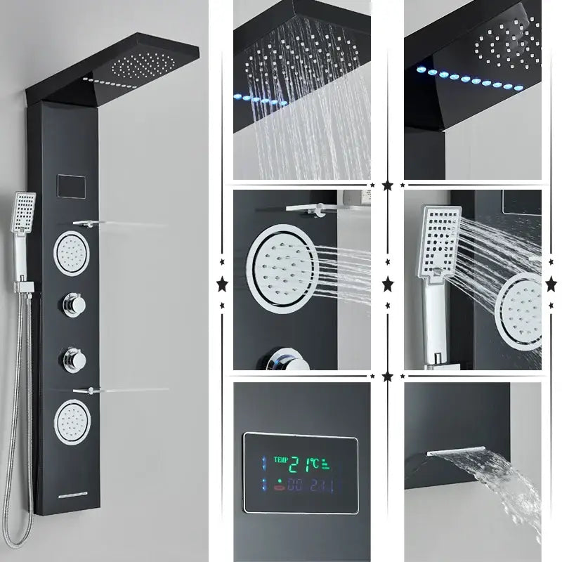 Modern black led rainfall shower panel with temperature screen bathroom
