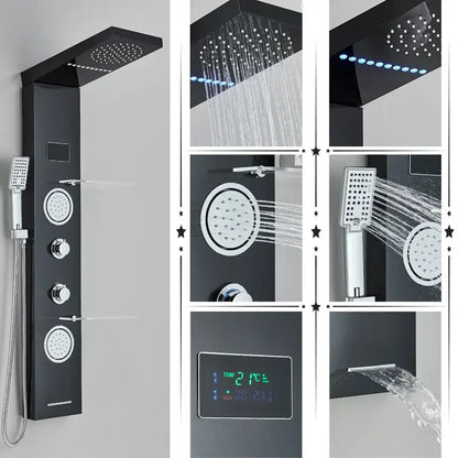 Modern black led rainfall shower panel with temperature screen bathroom