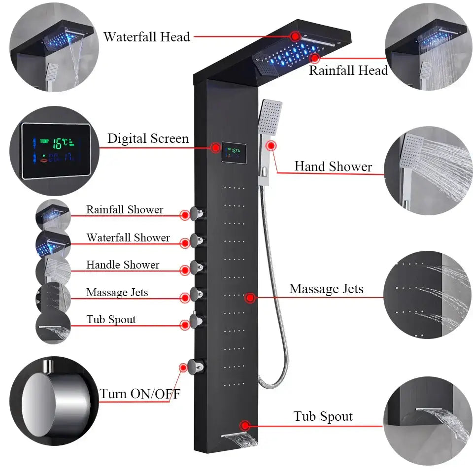 Modern black rainfall shower panel with led screen – bathroom hand spray