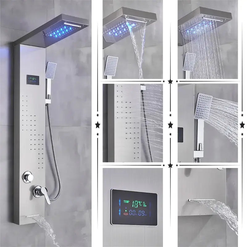Modern black rainfall shower panel with led screen – bathroom hand spray