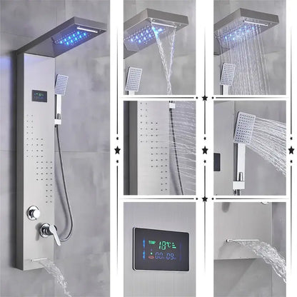 Modern black rainfall shower panel with led screen – bathroom hand spray