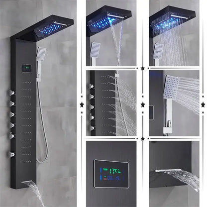Modern black rainfall shower panel with led screen – bathroom hand spray