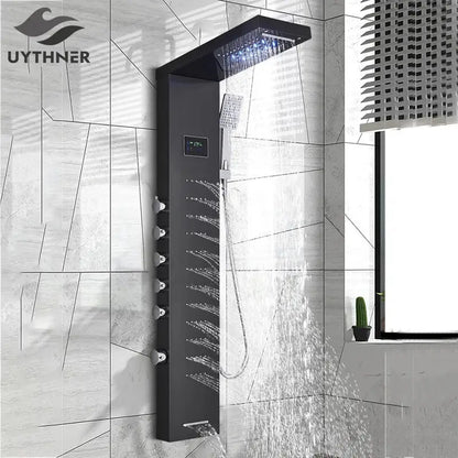 Modern black rainfall shower panel with led screen – bathroom hand spray