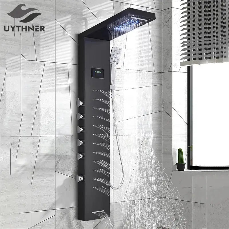 Modern black rainfall shower panel with led screen – bathroom hand spray