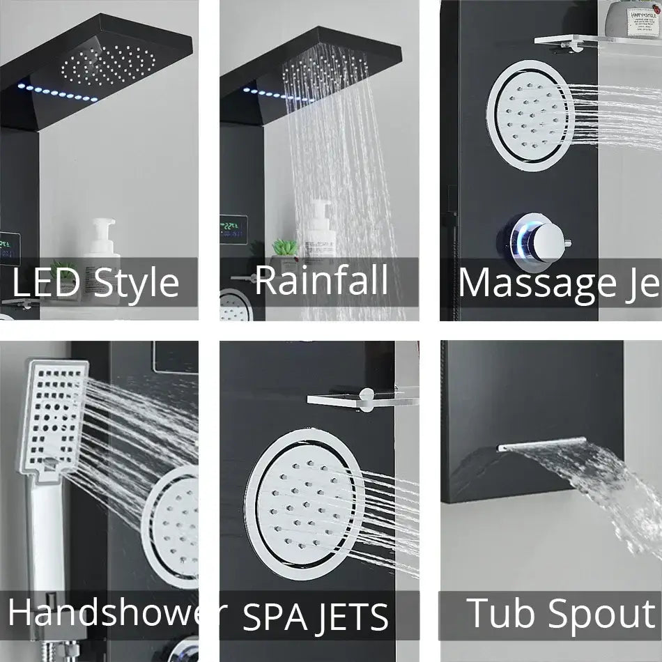 Modern black led rainfall shower panel with temperature screen bathroom