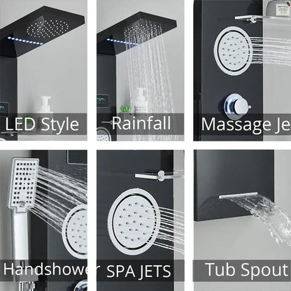 Modern black led rainfall shower panel with temperature screen bathroom