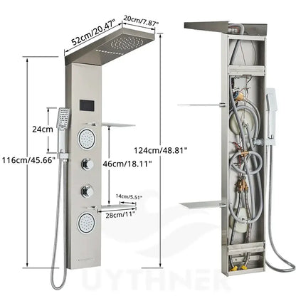 Modern black led rainfall shower panel with temperature screen bathroom