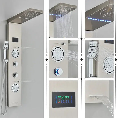 Modern black led rainfall shower panel with temperature screen bathroom