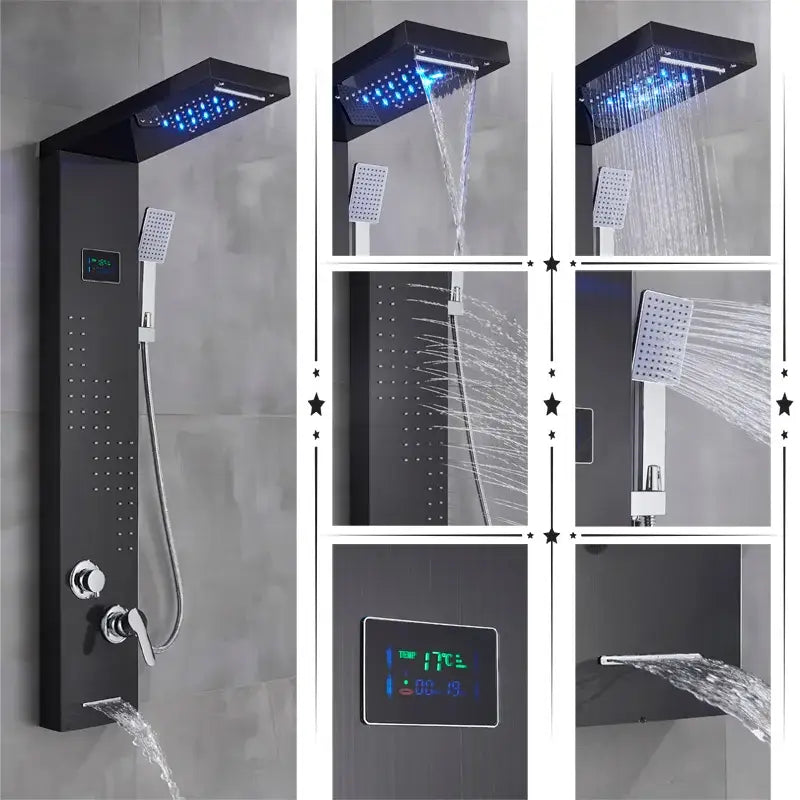 Modern black rainfall shower panel with led screen – bathroom hand spray