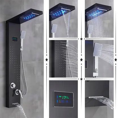 Modern black rainfall shower panel with led screen – bathroom hand spray