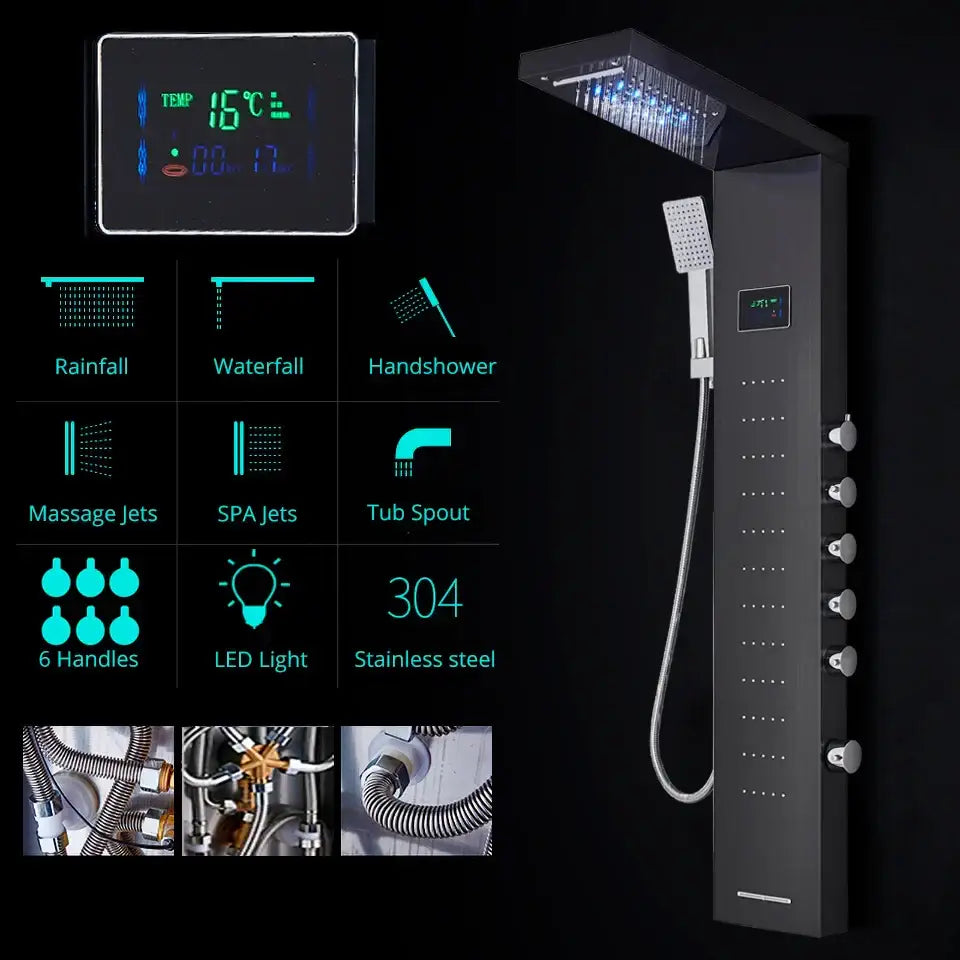Modern black rainfall shower panel with led screen – bathroom hand spray
