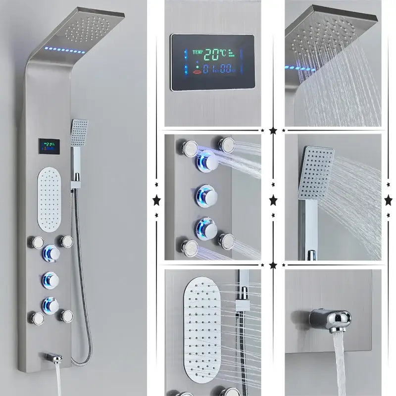 Modern black & brushed led rainfall shower panel bathroom system