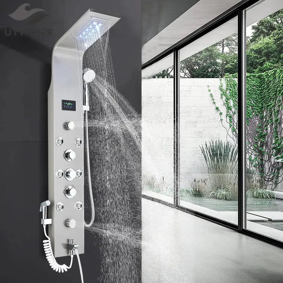 Modern black & brushed led rainfall shower panel bathroom system