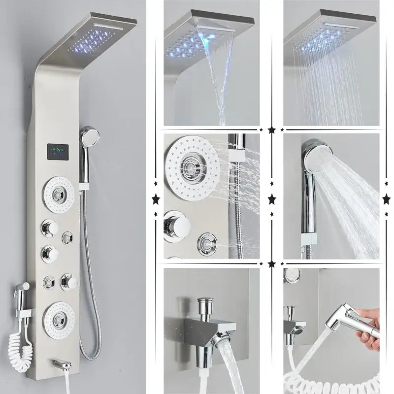 Modern black & brushed led rainfall shower panel bathroom system