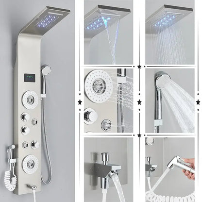 Modern black & brushed led rainfall shower panel bathroom system