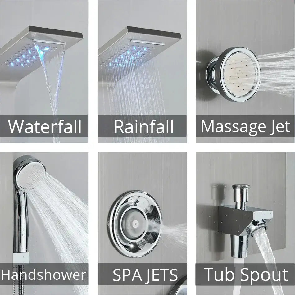 Modern black & brushed led rainfall shower panel bathroom system