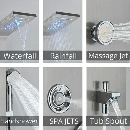 Modern black & brushed led rainfall shower panel bathroom system