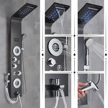 Modern black & brushed led rainfall shower panel bathroom system