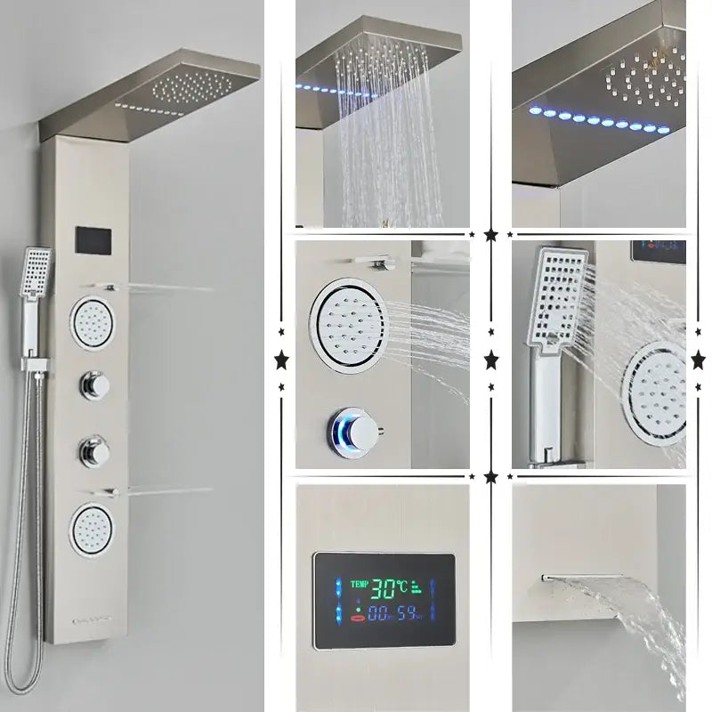 Modern black & brushed led rainfall shower panel bathroom system
