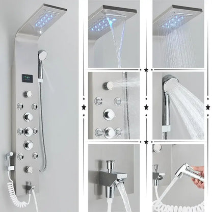Modern black & brushed led rainfall shower panel bathroom system