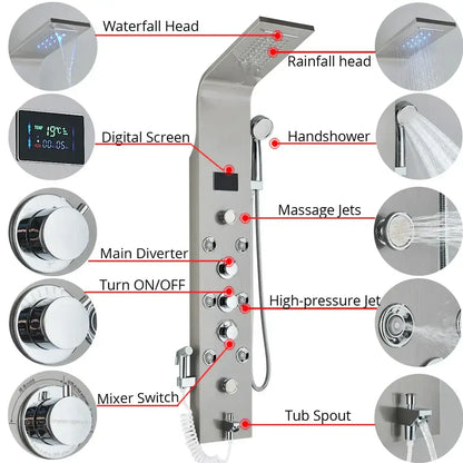 Modern black & brushed led rainfall shower panel bathroom system