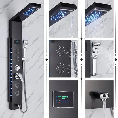 Modern black & brushed led rainfall shower panel bathroom system