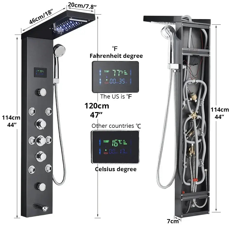 Modern black stainless steel led rainfall shower panel bathroom spa