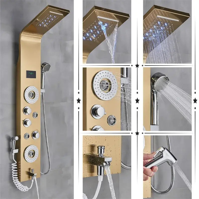 Modern black rainfall shower panel with led temperature screen bathroom