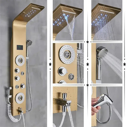 Modern black rainfall shower panel with led temperature screen bathroom